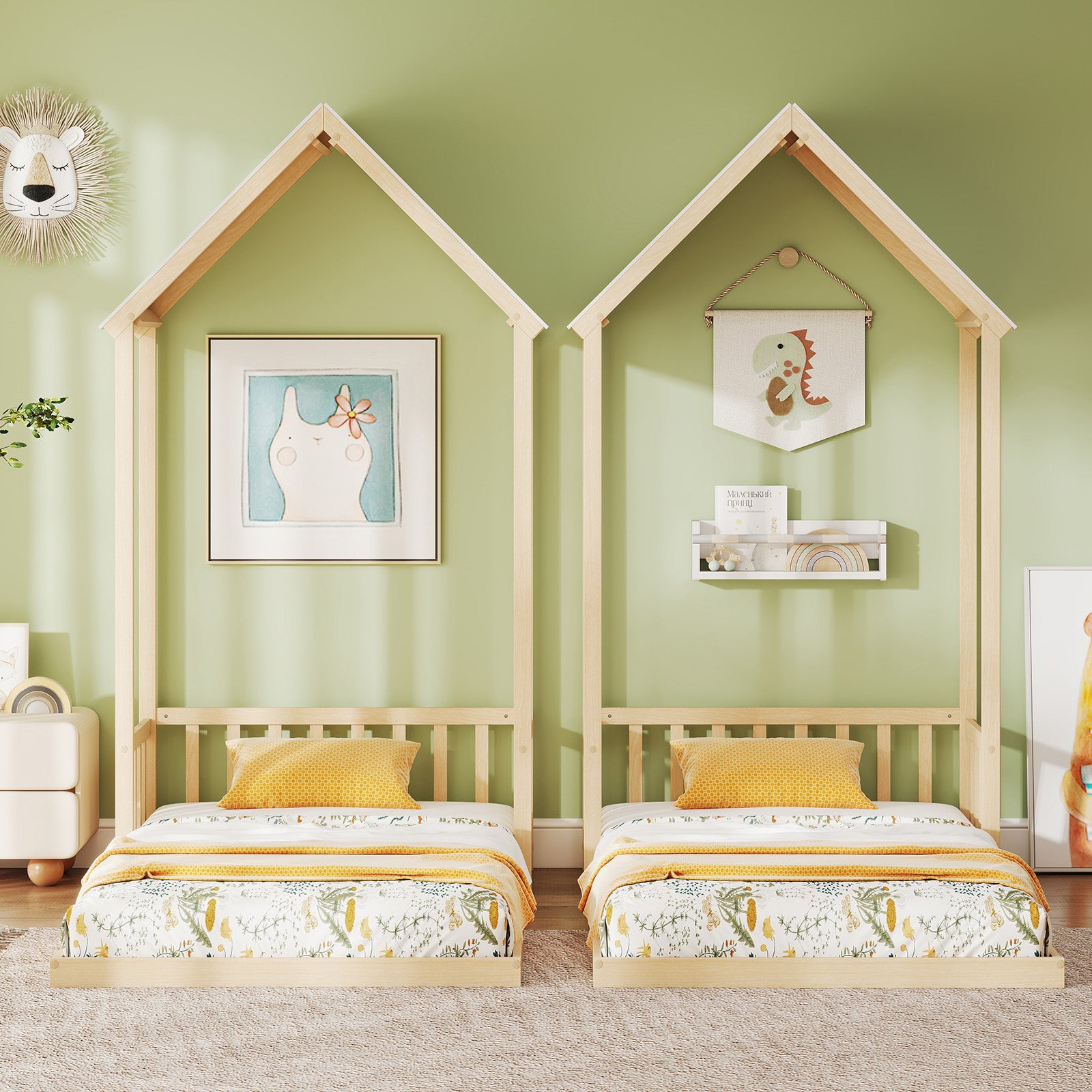 Twin Size House Bed With Roof, Semi-Fence, Natural Toddler Beds at Gallery Canada