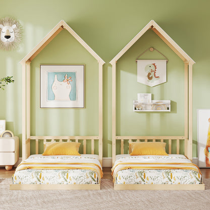 Twin Size House Bed With Roof, Semi-Fence, Natural Toddler Beds at Gallery Canada