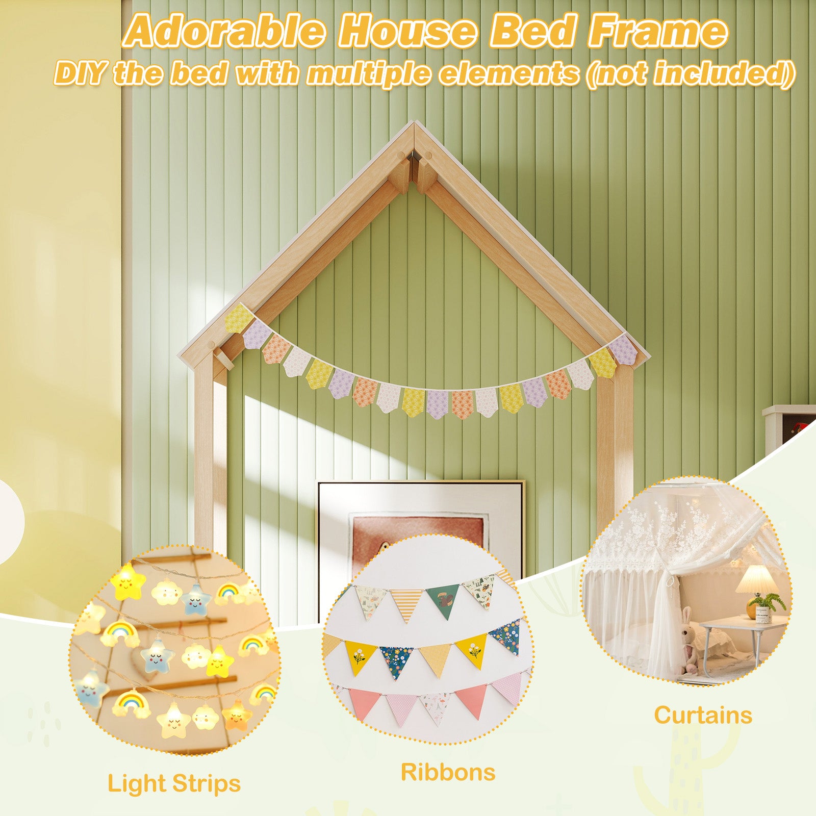 Twin Size House Bed With Roof, Semi-Fence, Natural Toddler Beds at Gallery Canada