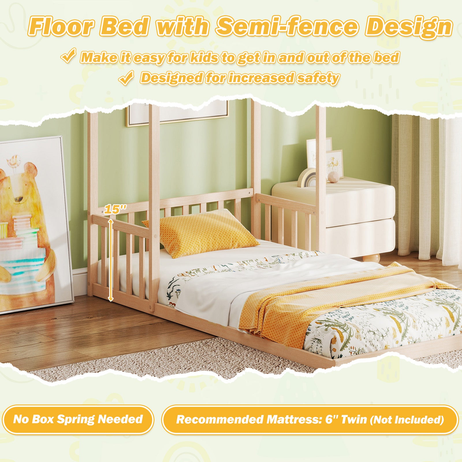 Twin Size House Bed With Roof, Semi-Fence, Natural Toddler Beds at Gallery Canada