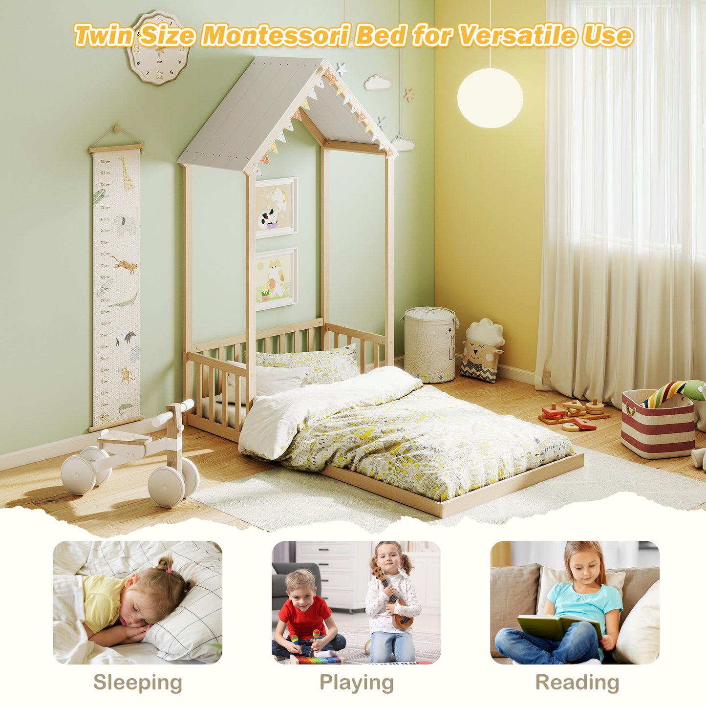 Twin Size House Bed With Roof, Semi-Fence, Natural Toddler Beds at Gallery Canada