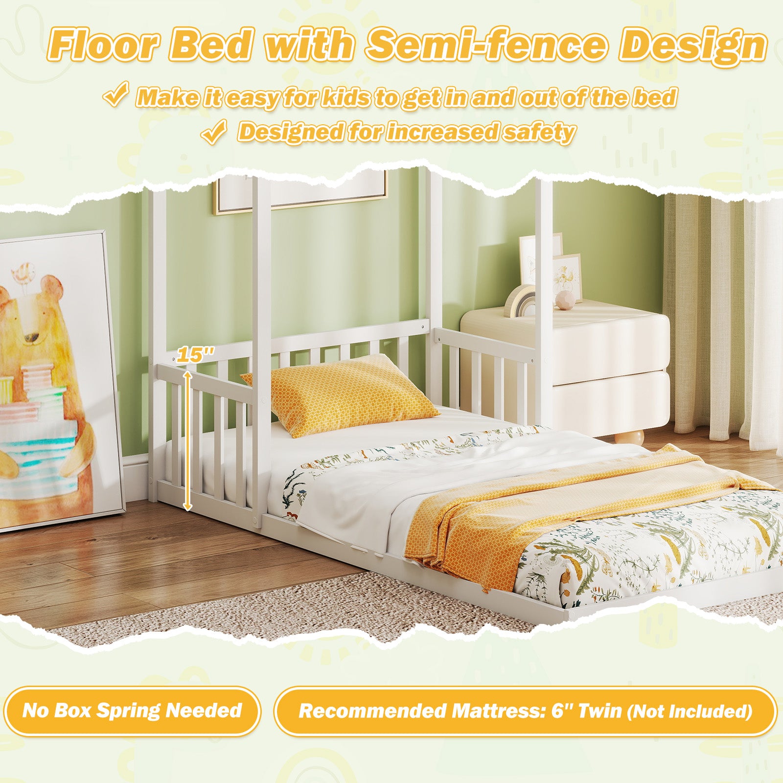Twin Size House Bed, With Roof And Fence, White Toddler Beds at Gallery Canada