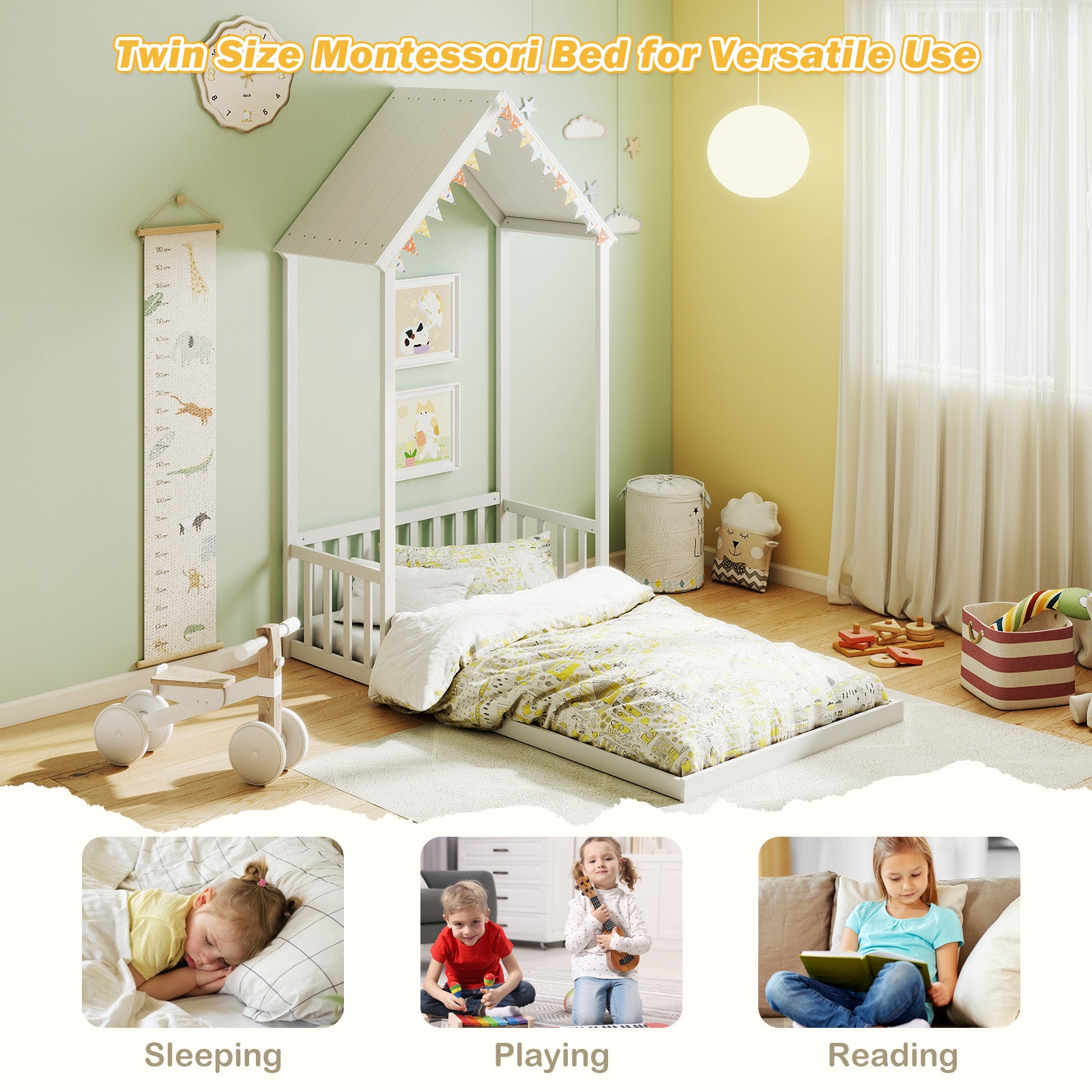 Twin Size House Bed, With Roof And Fence, White Toddler Beds at Gallery Canada