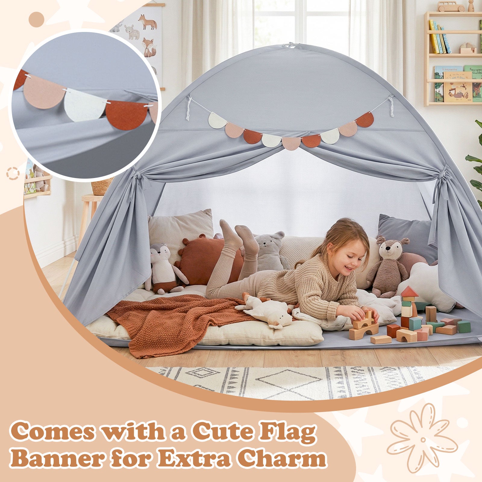 Twin Size Indoor Canopy Tent for Kids with 2 Window and Suits 3+-Grey, Gray Play Tents & Playhouse at Gallery Canada