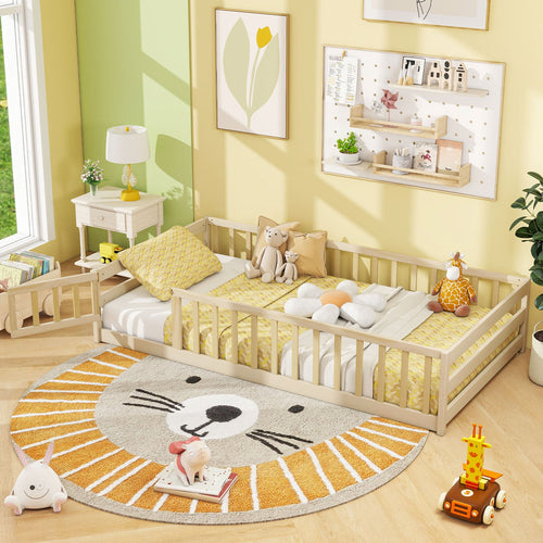 Twin Size Kids Wood Montessori Floor Bed, Door Fence, Natural