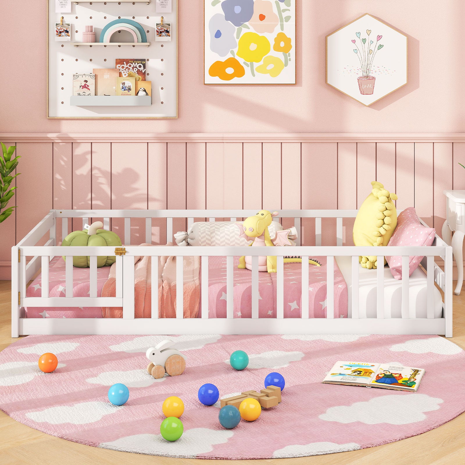 Twin Size Montessori Floor Bed, With Door And Fence, White Toddler Beds at Gallery Canada