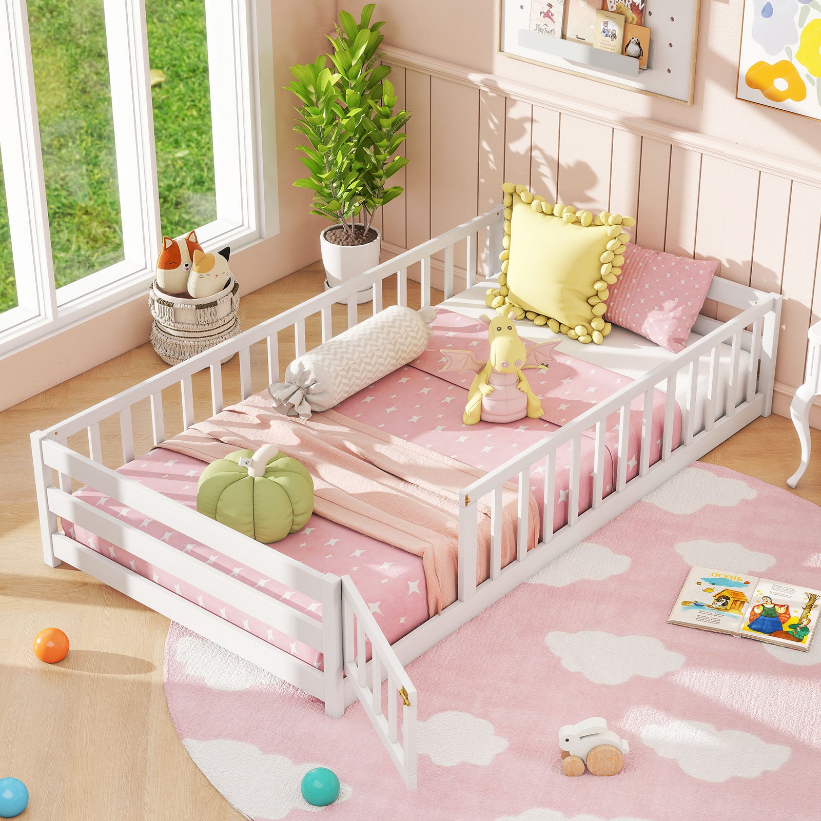 Twin Size Montessori Floor Bed, With Door And Fence, White Toddler Beds at Gallery Canada