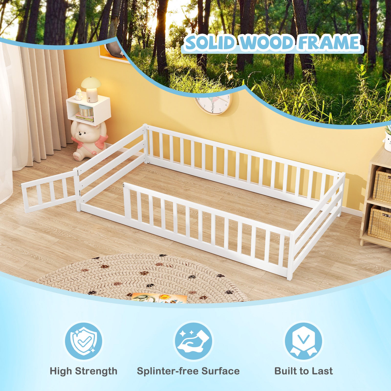 Twin Size Montessori Floor Bed, With Door And Fence, White Toddler Beds at Gallery Canada