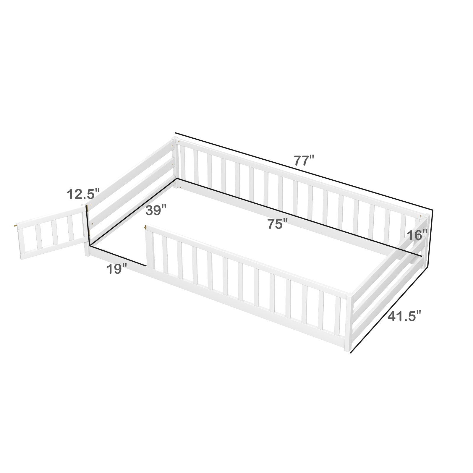 Twin Size Montessori Floor Bed, With Door And Fence, White Toddler Beds at Gallery Canada