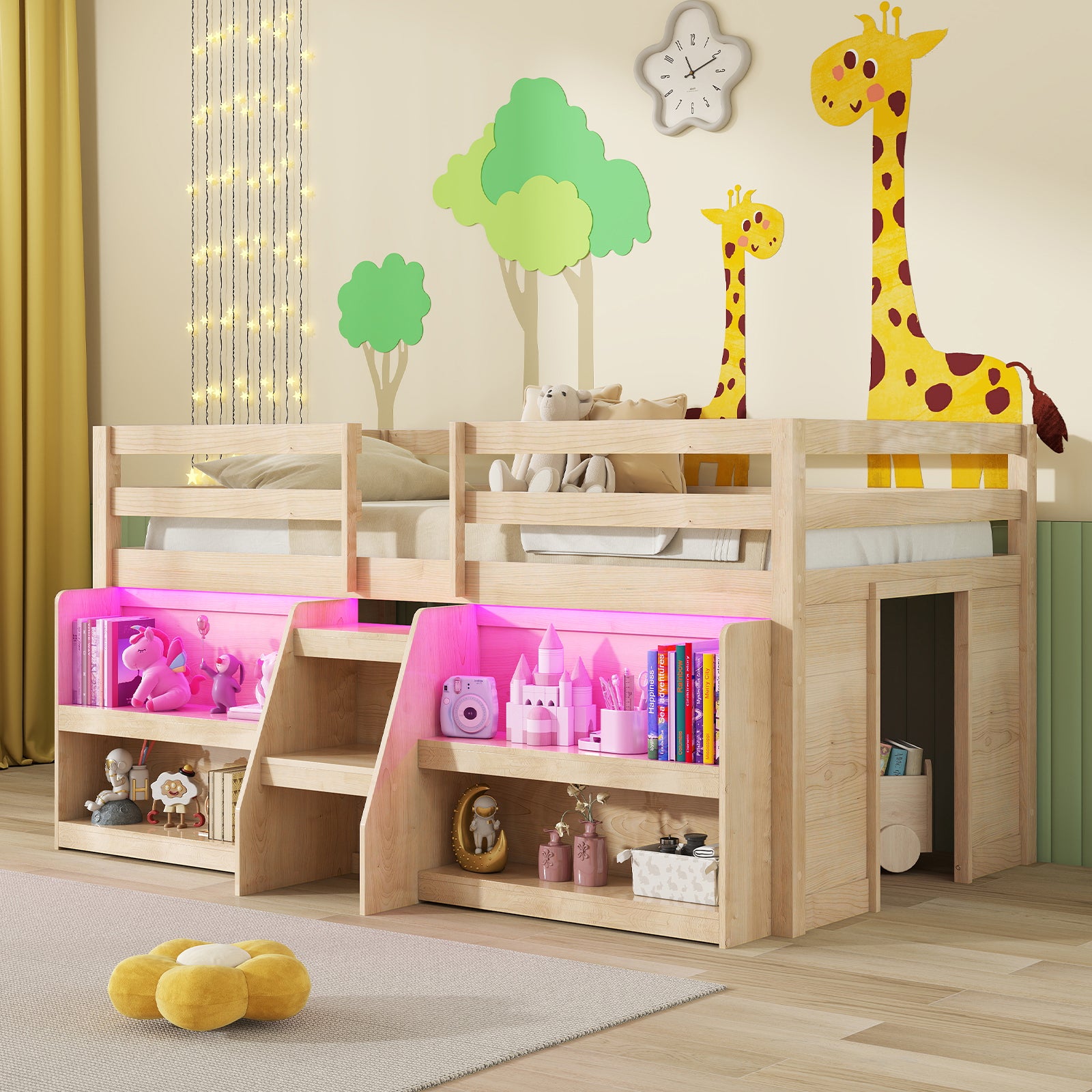 Twin Size Loft Bed With LED Lights, Staircase, Safety Guardrail, Natural Toddler Beds at Gallery Canada
