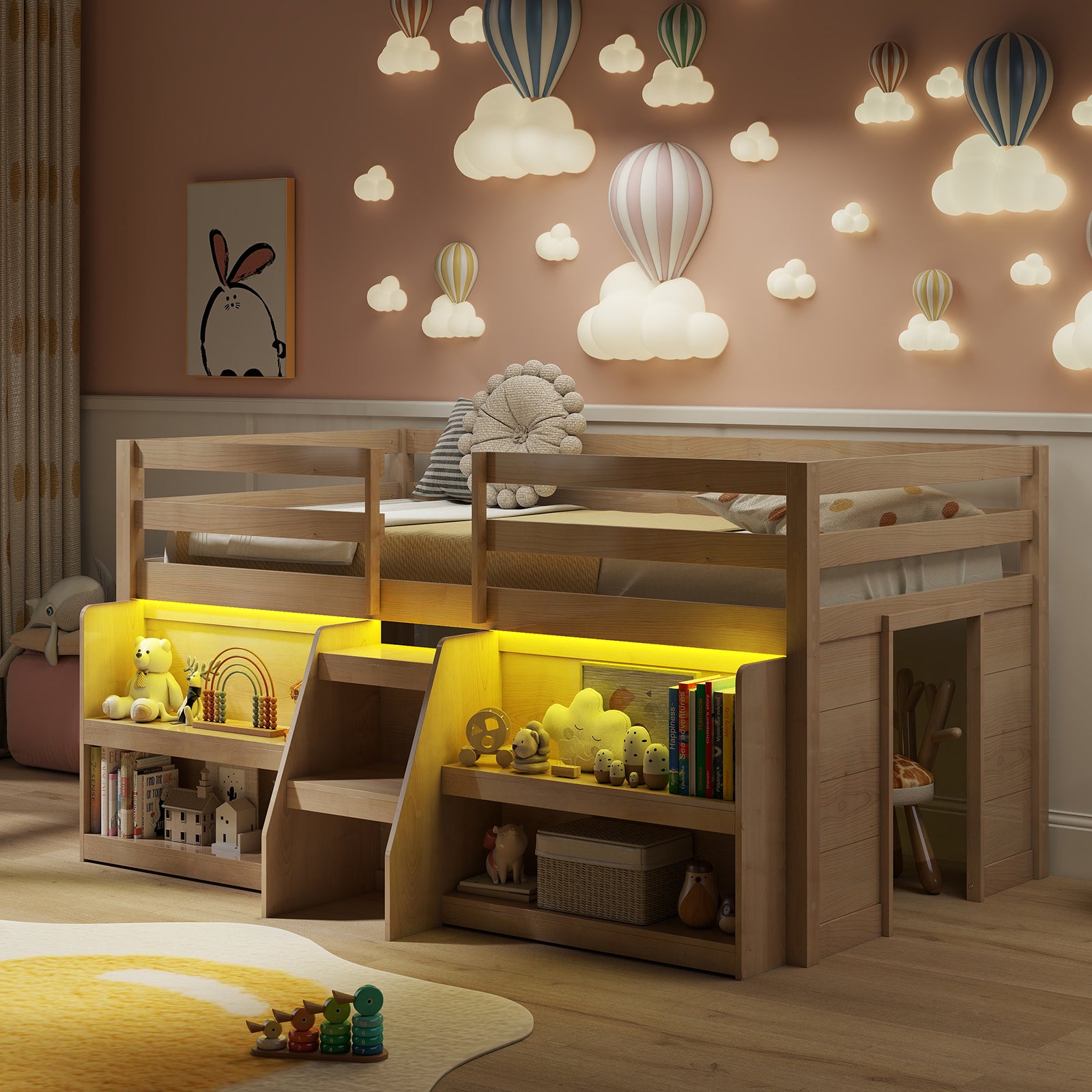 Twin Size Loft Bed With LED Lights, Staircase, Safety Guardrail, Natural Toddler Beds at Gallery Canada