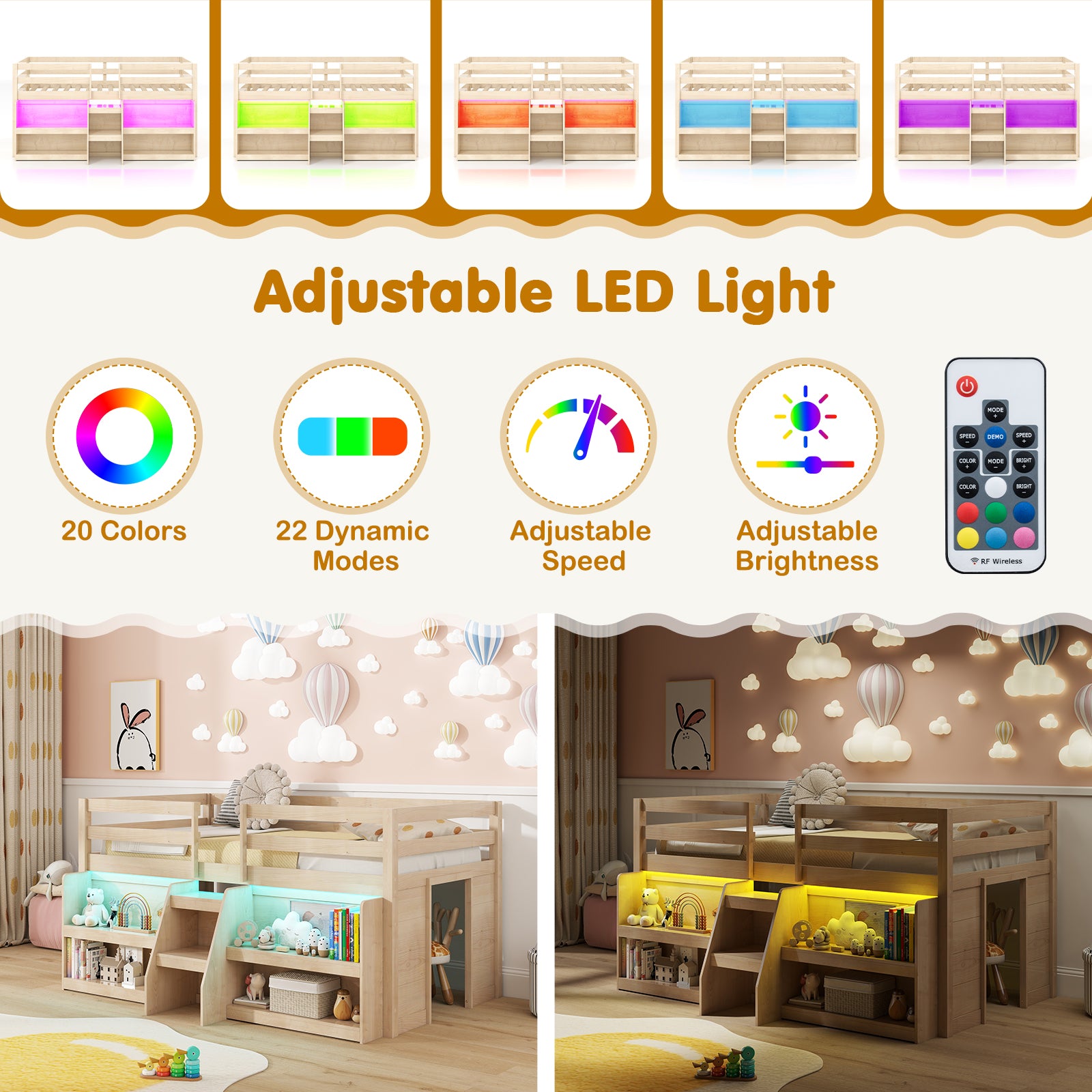Twin Size Loft Bed With LED Lights, Staircase, Safety Guardrail, Natural Toddler Beds at Gallery Canada