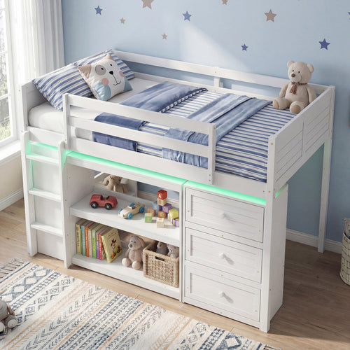 Twin Size Loft Bed with LED Lights and Underbed Space for Kids, White
