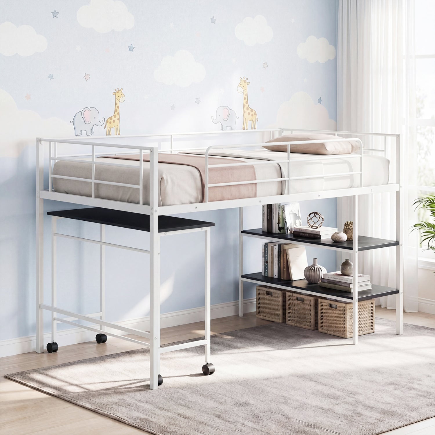 Twin Loft Bed with Rolling Desk, Bookshelf, White Bunk Bed Frame at Gallery Canada