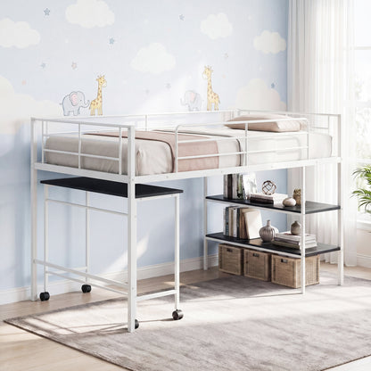 Twin Loft Bed with Rolling Desk, Bookshelf, White Bunk Bed Frame at Gallery Canada