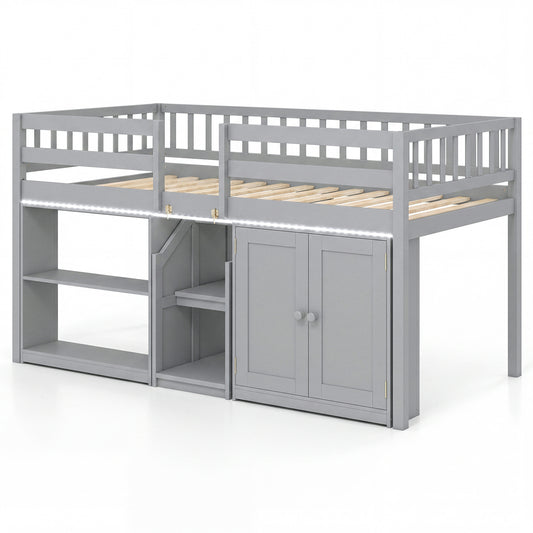 Twin Size Loft Bed With LED Lights, Wooden Frame, Gray Bunk Bed Frame Gray at Gallery Canada