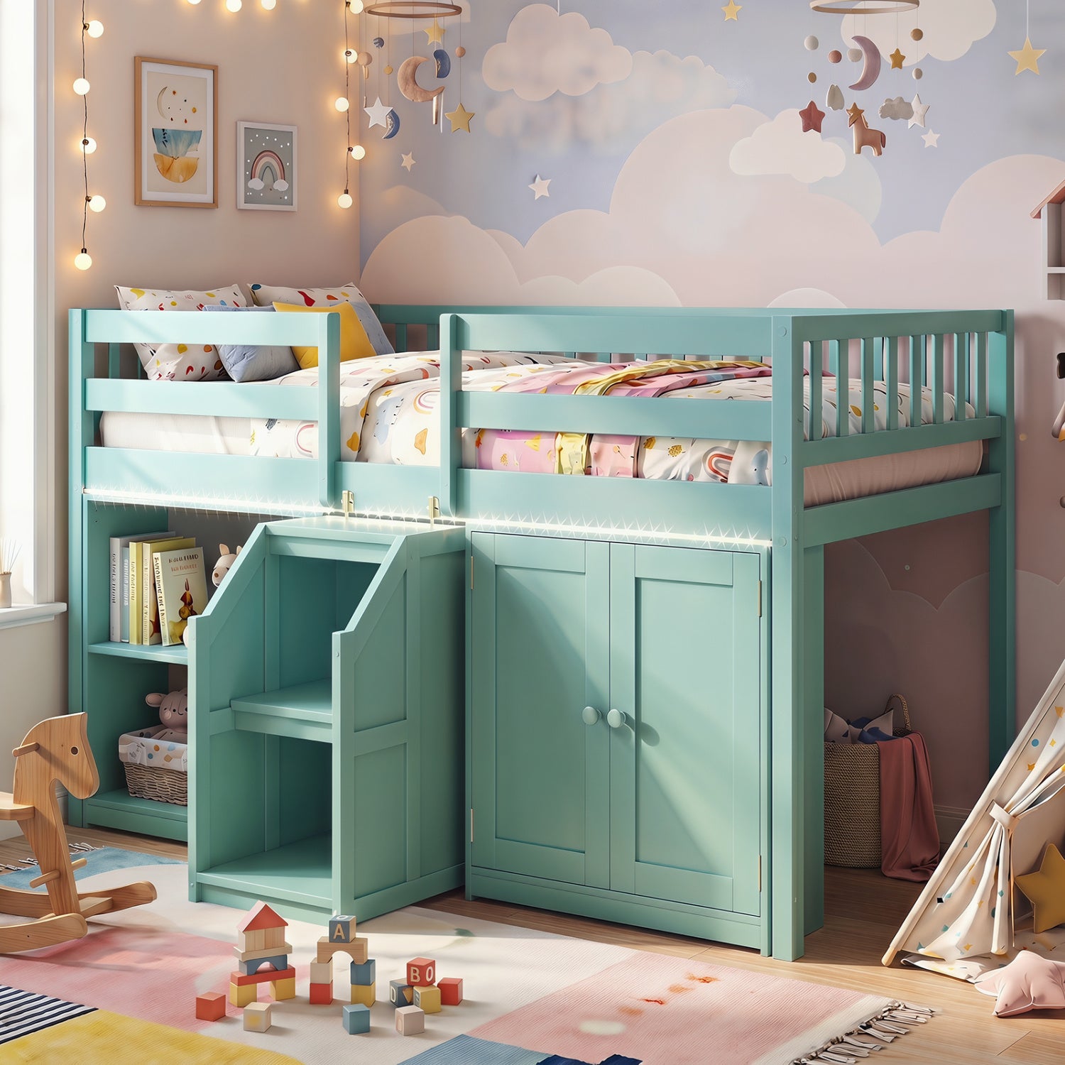 Twin Size Loft Bed With LED Lights, Wooden Bed Frame, Green Bunk Bed Frame at Gallery Canada