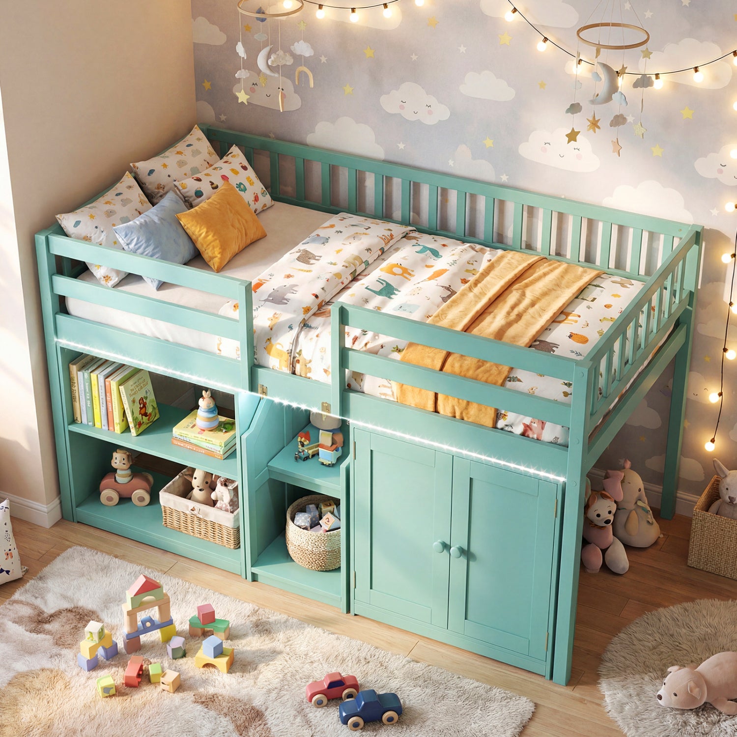 Twin Size Loft Bed With LED Lights, Wooden Bed Frame, Green Bunk Bed Frame at Gallery Canada