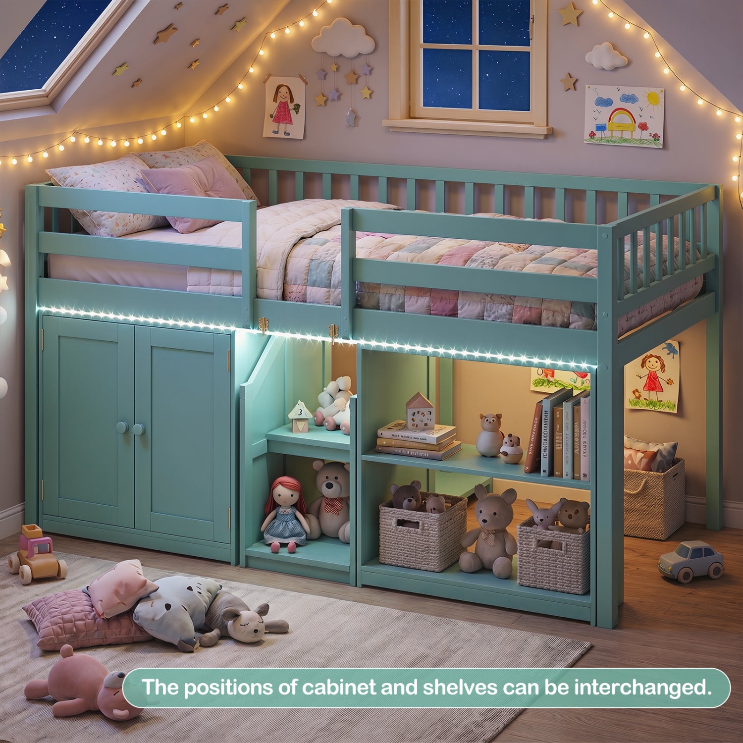 Twin Size Loft Bed With LED Lights, Wooden Bed Frame, Green Bunk Bed Frame at Gallery Canada