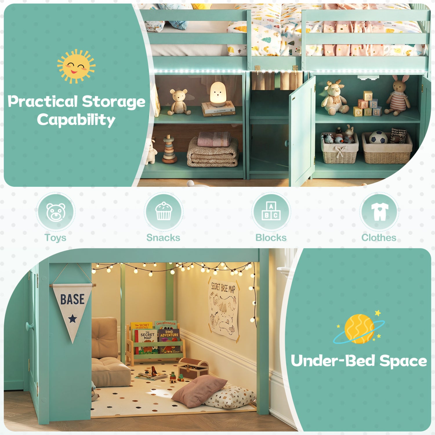 Twin Size Loft Bed With LED Lights, Wooden Bed Frame, Green Bunk Bed Frame at Gallery Canada