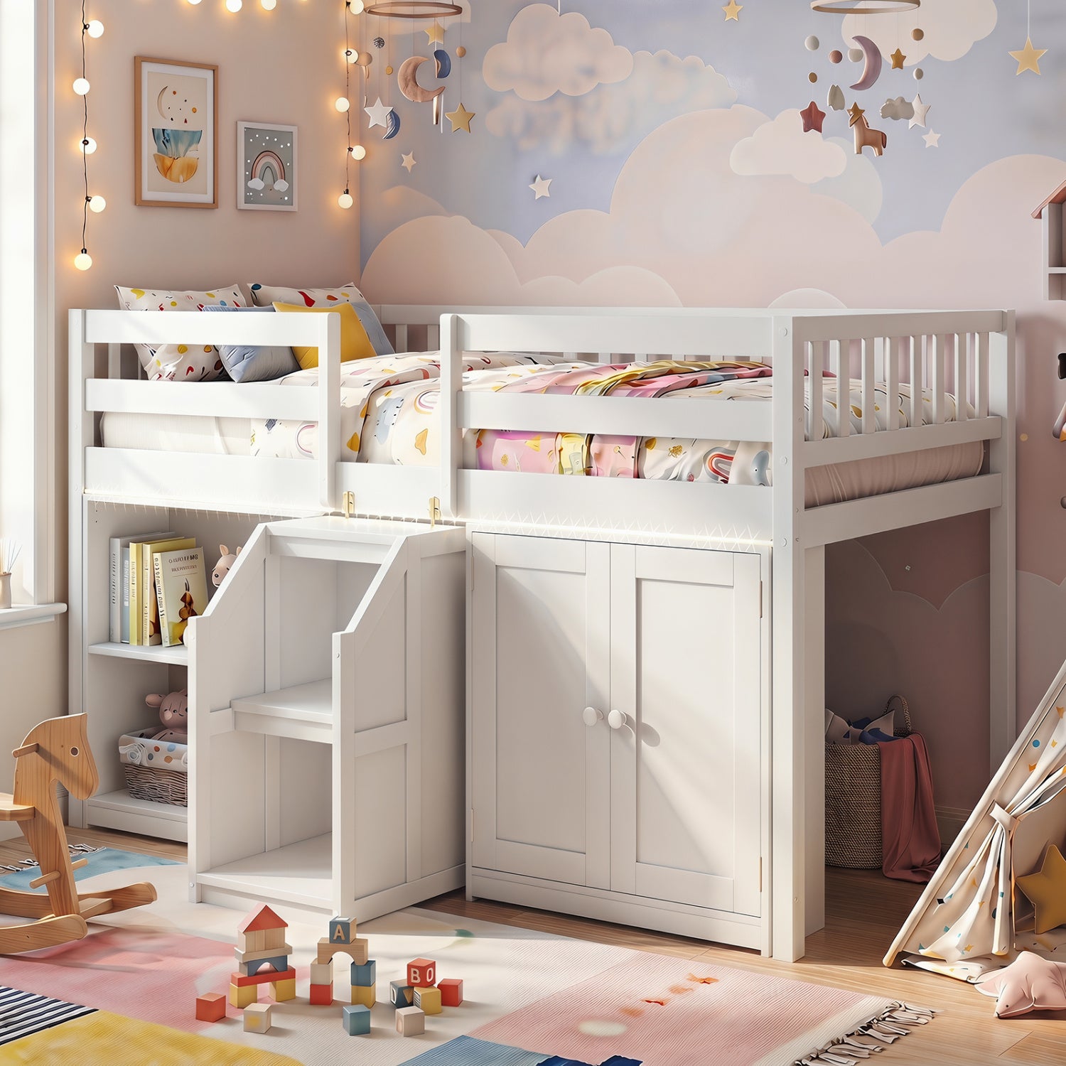 Twin Size Loft Bed With LED Lights, Kids Wooden Bed Frame, White Bunk Bed Frame at Gallery Canada