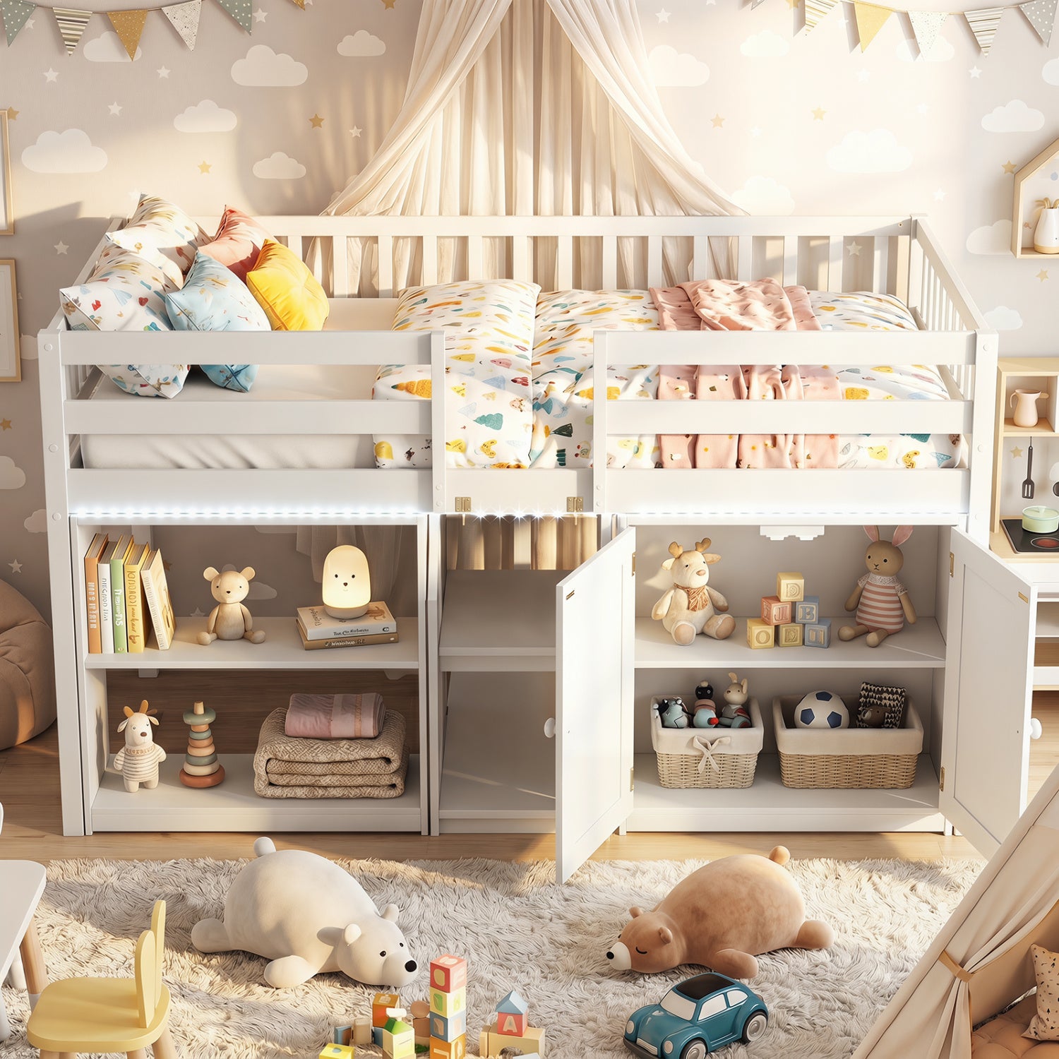 Twin Size Loft Bed With LED Lights, Kids Wooden Bed Frame, White Bunk Bed Frame at Gallery Canada