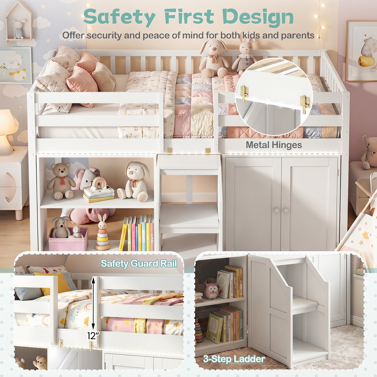 Twin Size Loft Bed With LED Lights, Kids Wooden Bed Frame, White Bunk Bed Frame at Gallery Canada
