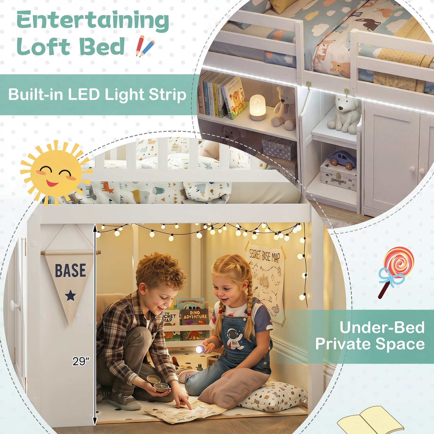 Twin Size Loft Bed With LED Lights, Kids Wooden Bed Frame, White Bunk Bed Frame at Gallery Canada