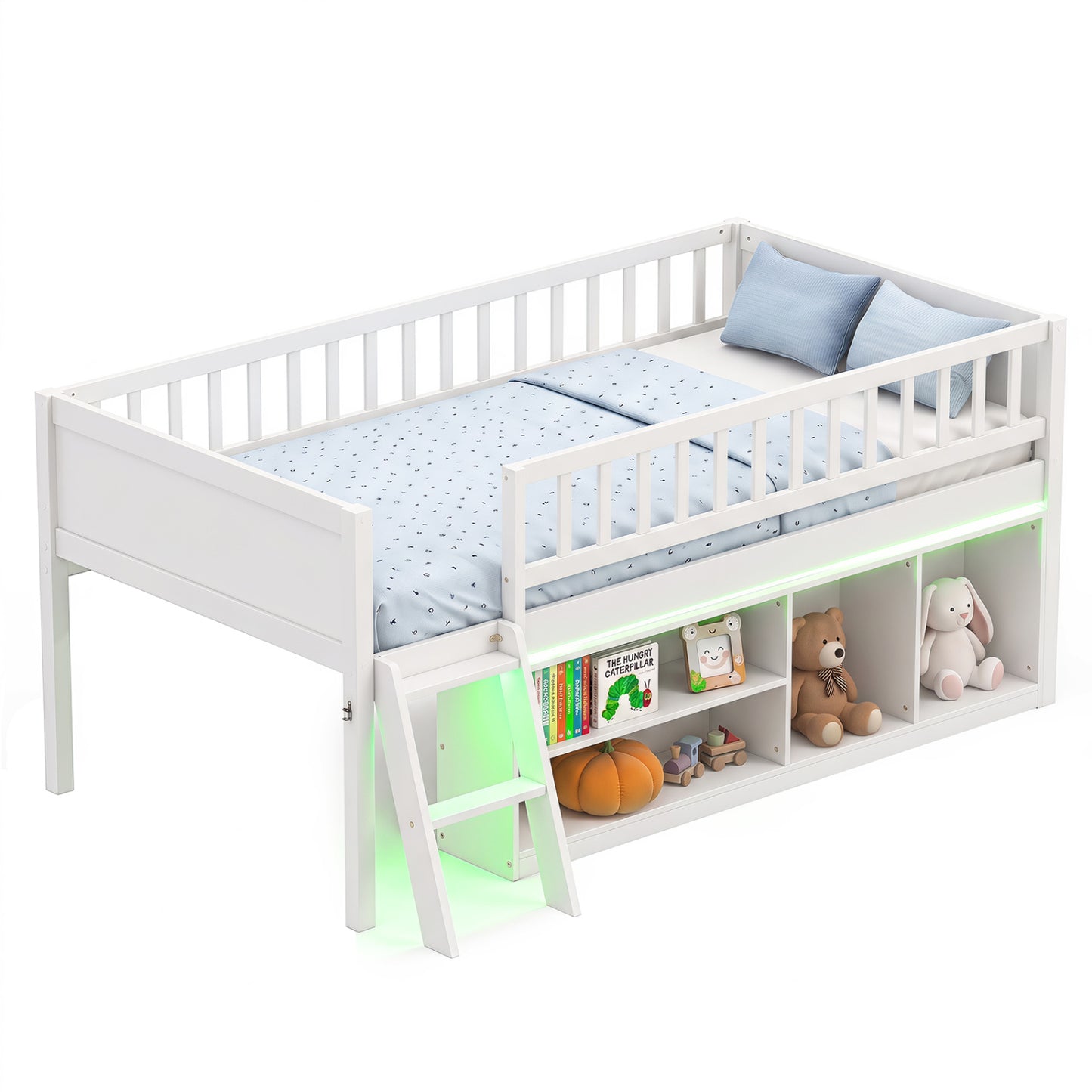 Lit mezzanine jumeau avec lumières LED et bibliothèques, blanc