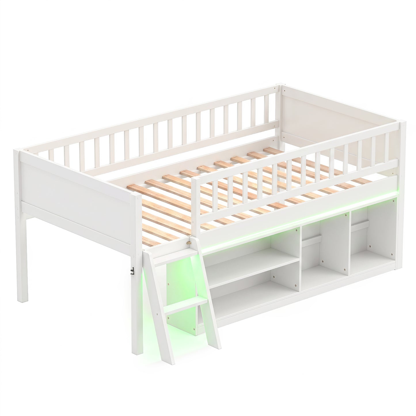 Lit mezzanine jumeau avec lumières LED et bibliothèques, blanc