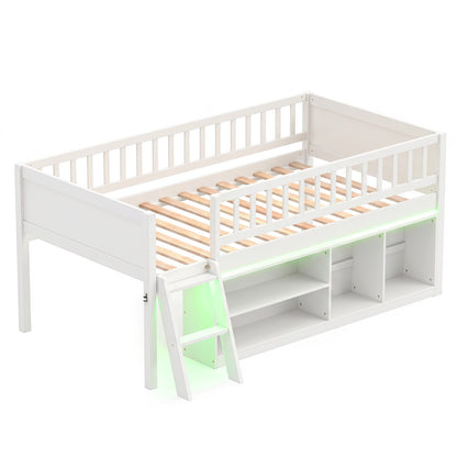 Lit mezzanine jumeau avec lumières LED et bibliothèques, blanc