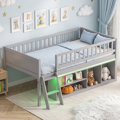Twin Loft Bed with LED Lights, Bookshelves, Guardrails, Gray