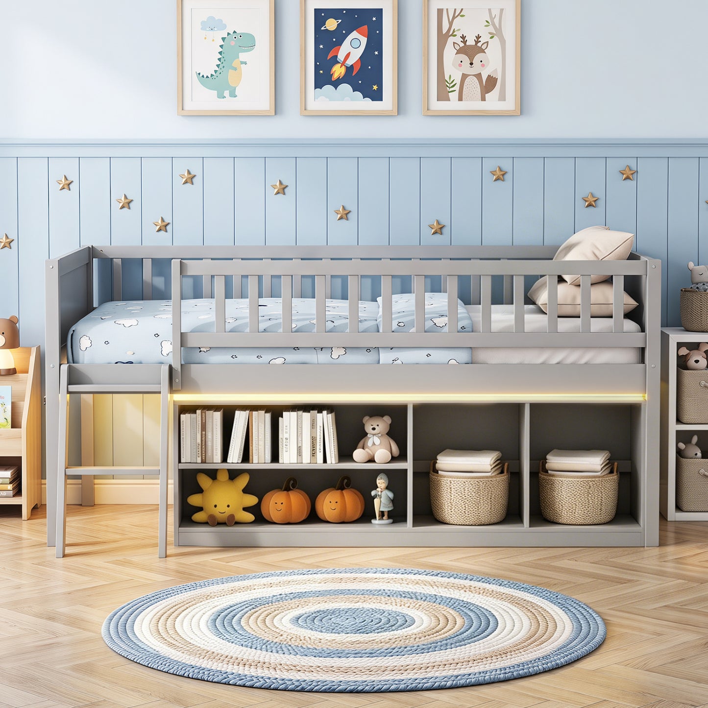 Twin Loft Bed with LED Lights, Bookshelves, Guardrails, Gray