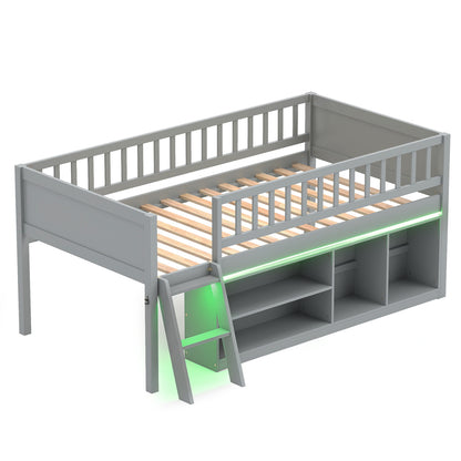 Twin Loft Bed with LED Lights, Bookshelves, Guardrails, Gray