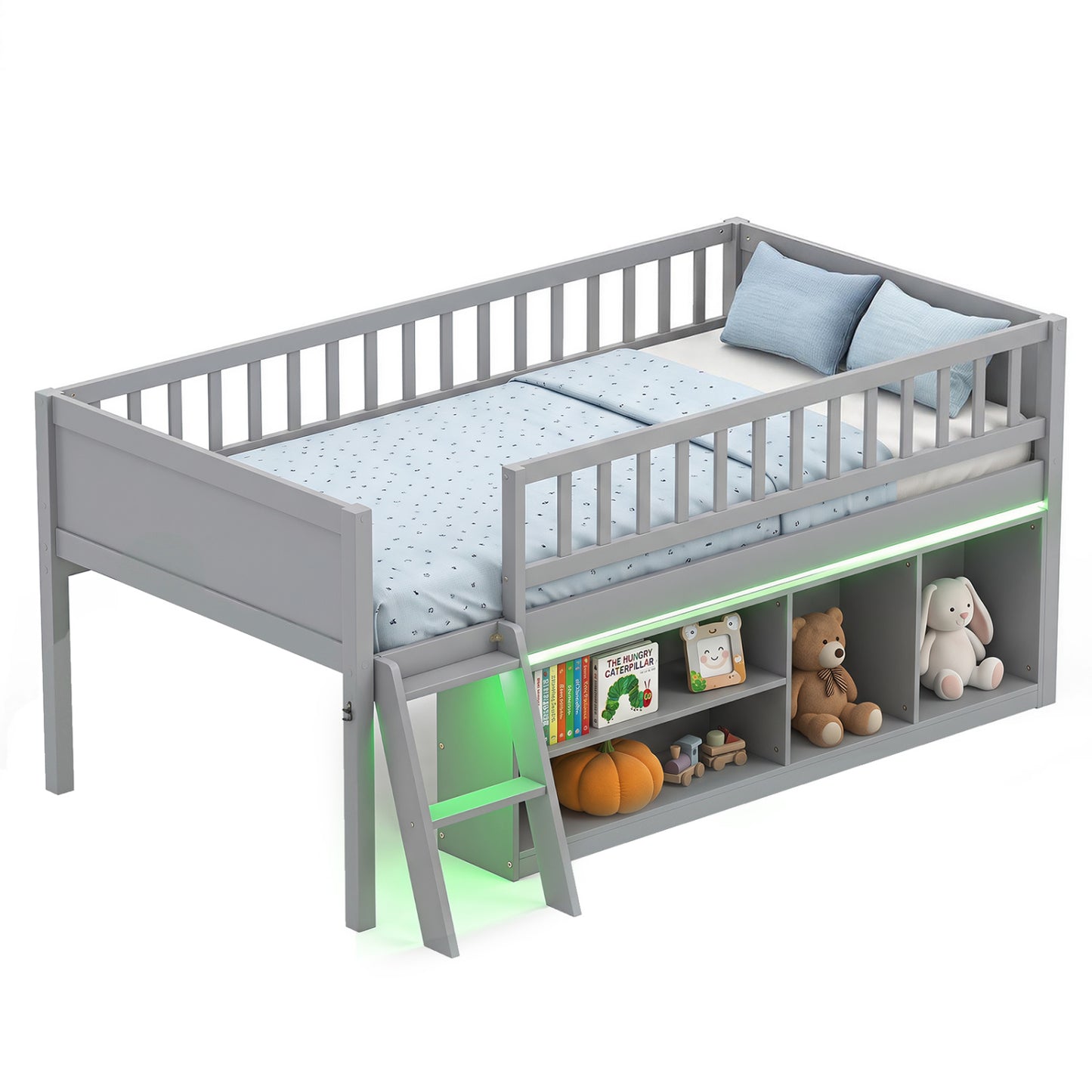 Twin Loft Bed with LED Lights, Bookshelves, Guardrails, Gray