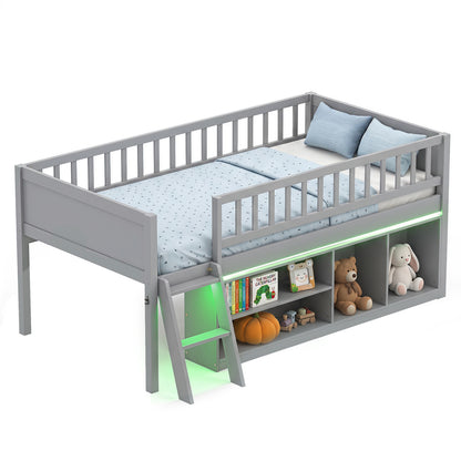 Twin Loft Bed with LED Lights, Bookshelves, Guardrails, Gray