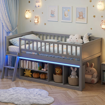 Twin Loft Bed with LED Lights, Bookshelves, Guardrails, Gray