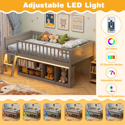 Twin Loft Bed with LED Lights, Bookshelves, Guardrails, Gray