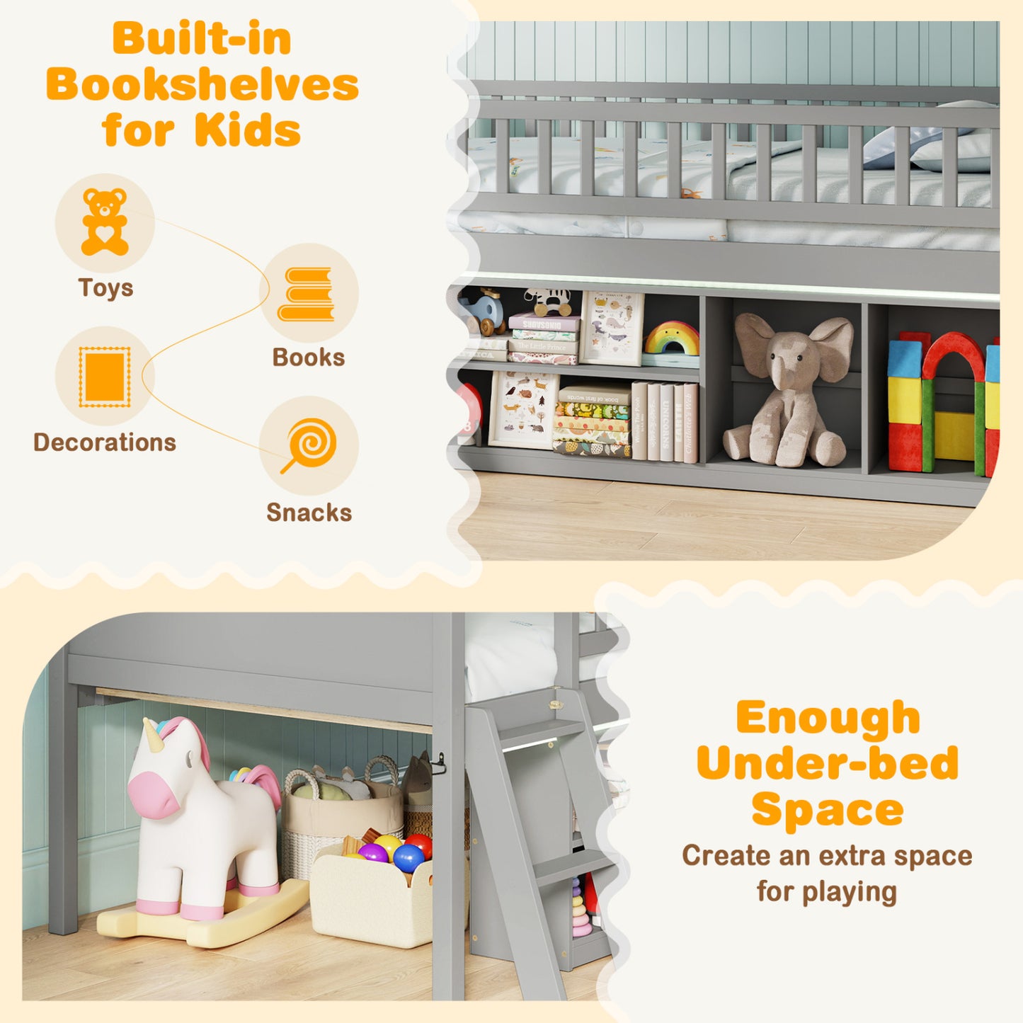 Twin Loft Bed with LED Lights, Bookshelves, Guardrails, Gray