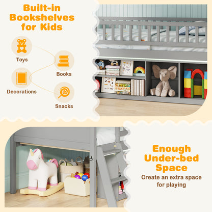 Twin Loft Bed with LED Lights, Bookshelves, Guardrails, Gray