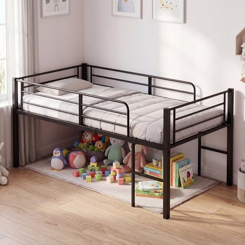 Twin Low Loft Bed with Guardrails & 2 Ladders, Black