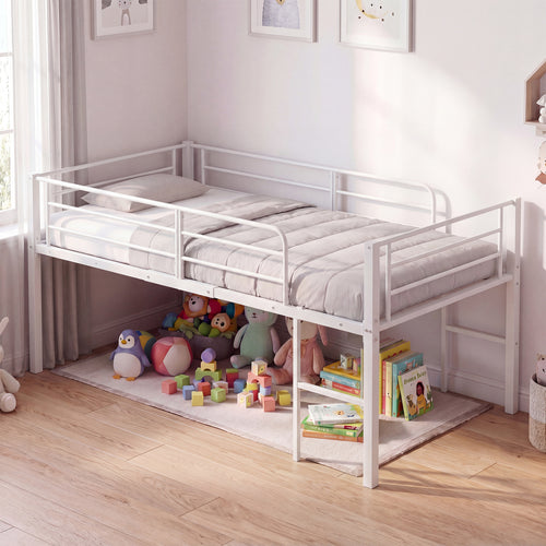 Twin Size Low Loft Bed with Safety Guardrails and 2 Ladders, White