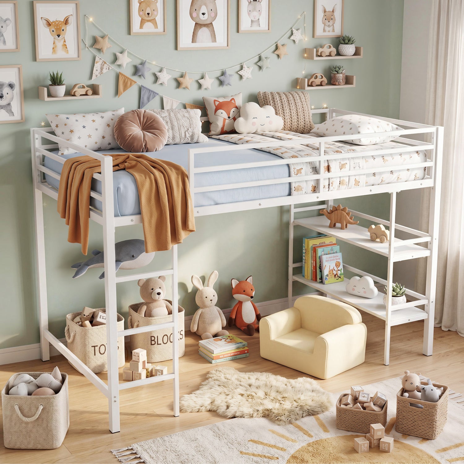 Twin Low Loft Bed with Ladder and Shelves, White Toddler Beds at Gallery Canada