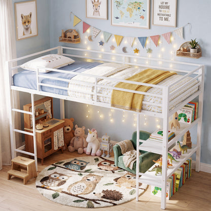 Twin Low Loft Bed with Ladder and Shelves, White Toddler Beds at Gallery Canada