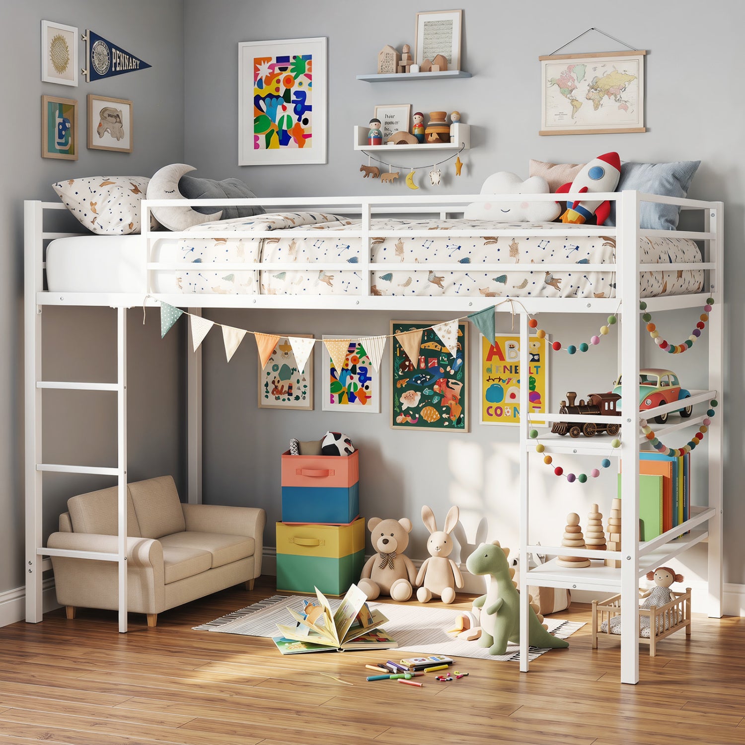 Twin Low Loft Bed with Ladder and Shelves, White Toddler Beds at Gallery Canada