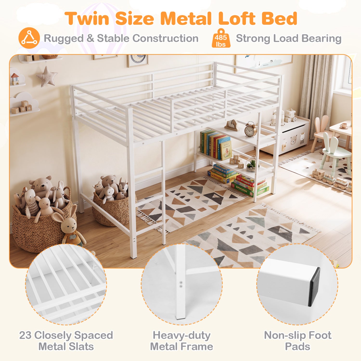 Twin Low Loft Bed with Ladder and Shelves, White Toddler Beds at Gallery Canada