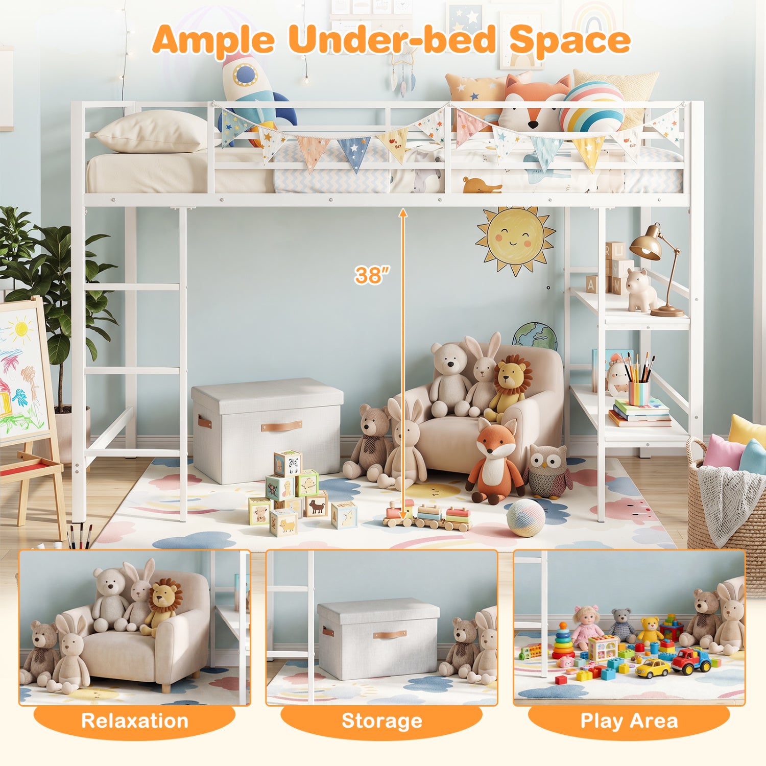 Twin Low Loft Bed with Ladder and Shelves, White Toddler Beds at Gallery Canada