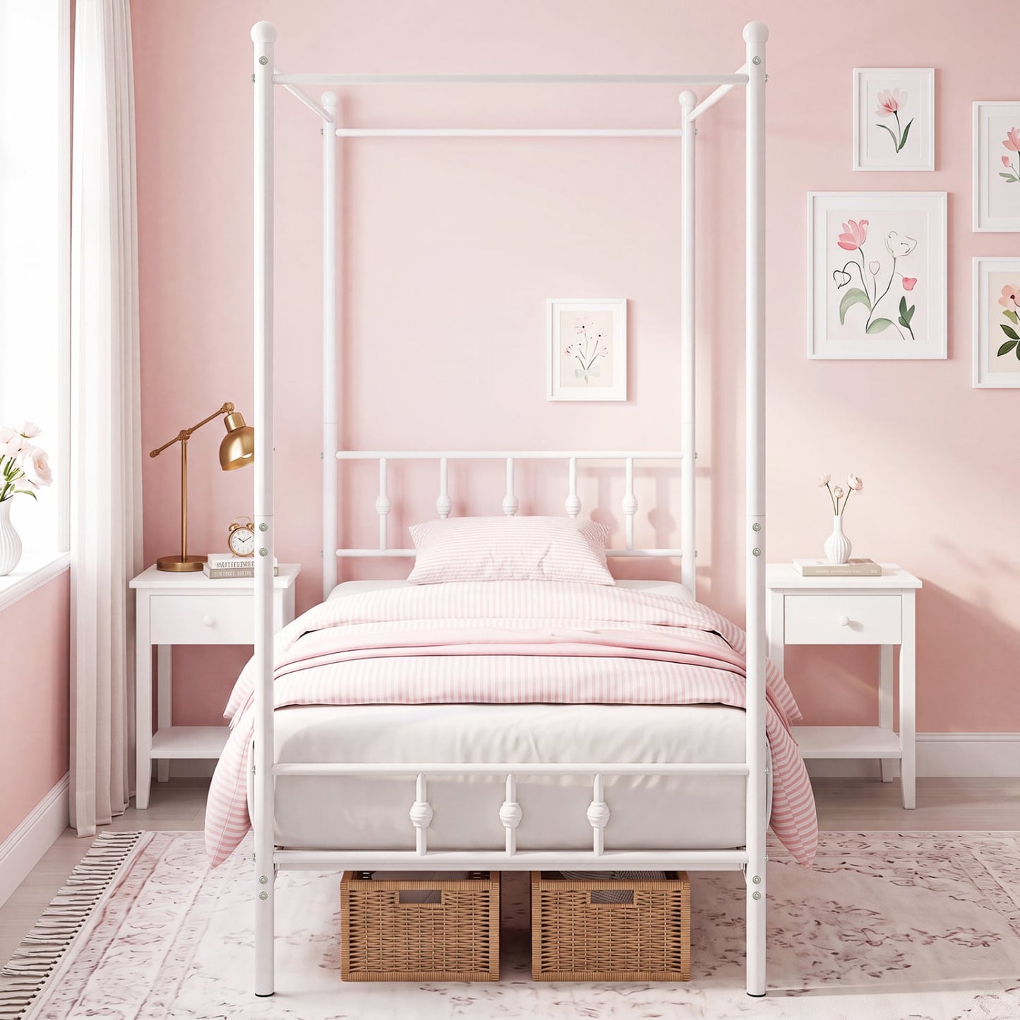 Twin Metal Canopy Bed Frame, White