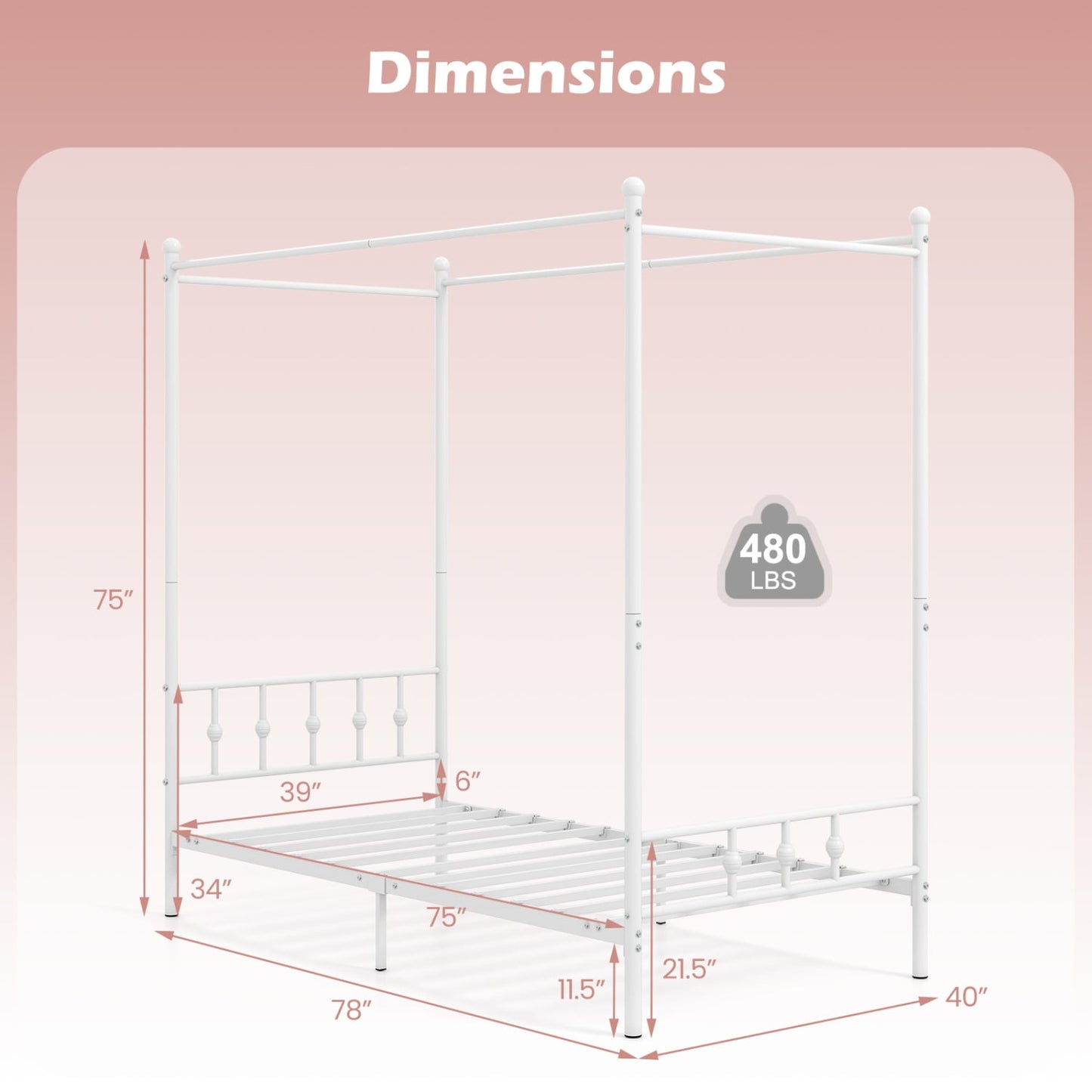 Twin Metal Canopy Bed Frame, White