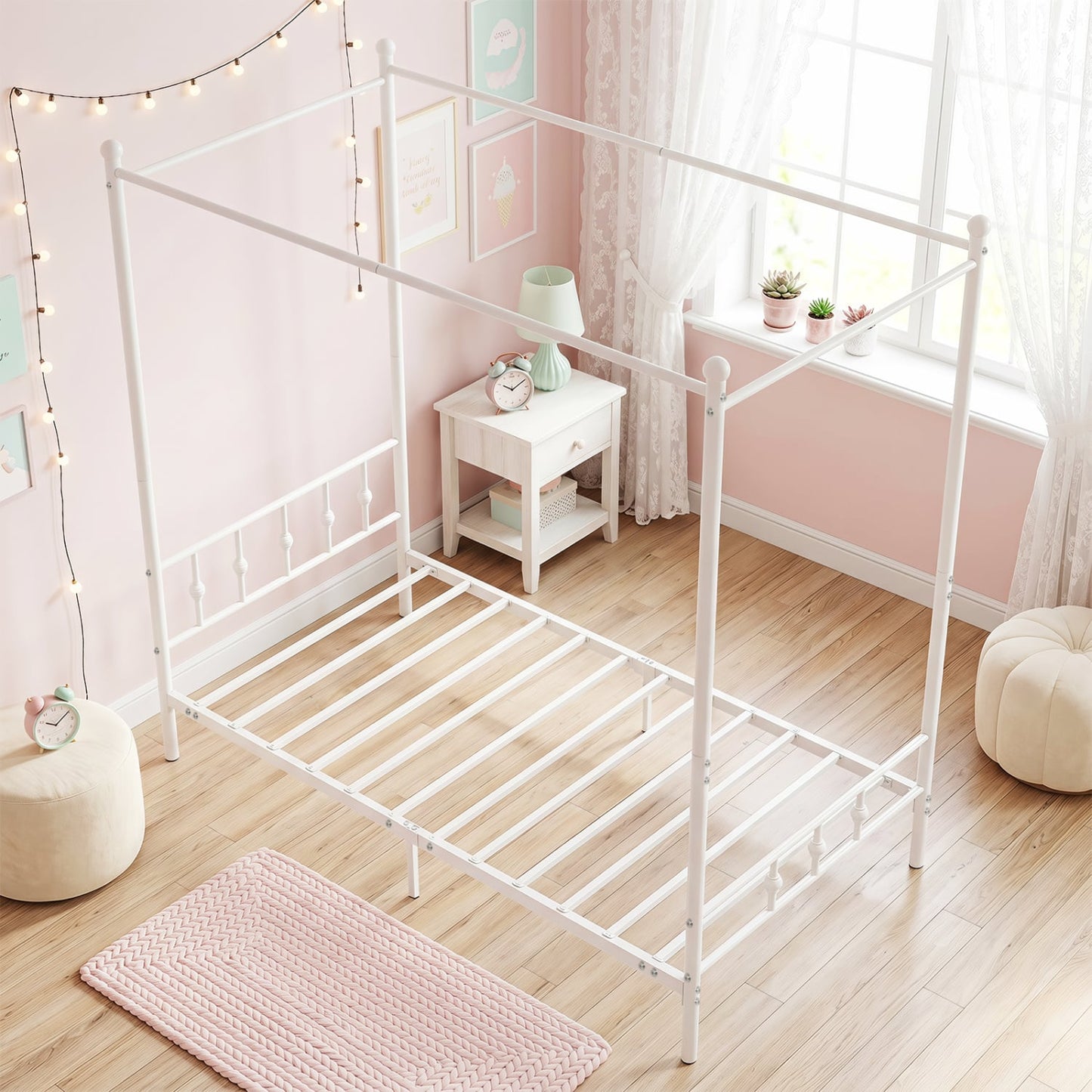 Twin Metal Canopy Bed Frame, White